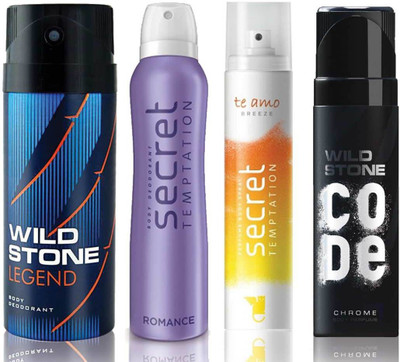 

Wild Stone Legend Deodorant (150 ml), Code Chrome Body Perfume(120 ml) and ST Romance Deodorant (150 ml), Te Amo Breeze Body Perfume (120 ml), Pack of 4 Perfume Body Spray - For Men & Women(540 ml, Pack of 4)