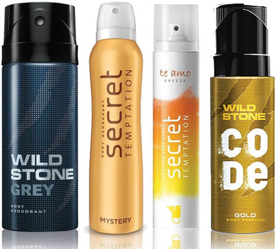 

Wild Stone Grey Deodorant (150 ml), Code Gold Body Perfume(120 ml) and ST Mystery Deodorant (150 ml), Te Amo Breeze Body Perfume (120 ml), Pack of 4 Perfume Body Spray - For Men & Women(540 ml, Pack of 4)