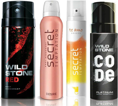 

Wild Stone Red Deodorant (150 ml), Code Platinum Body Perfume(120 ml) and ST Desire Deodorant (150 ml), Te Amo Breeze Body Perfume (120 ml), Pack of 4 Perfume Body Spray - For Men & Women(540 ml, Pack of 4)