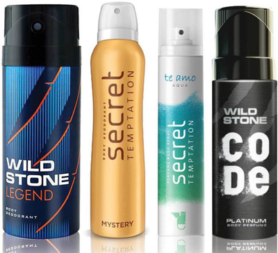 

Wild Stone Legend Deodorant (150 ml), Code Platinum Body Perfume(120 ml) and ST Mystery Deodorant (150 ml), Te Amo Aqua Body Perfume (120 ml), Pack of 4 Perfume Body Spray - For Men & Women(540 ml, Pack of 4)