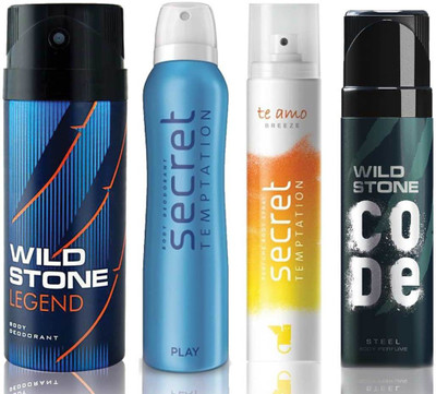 

Wild Stone Legend Deodorant (150 ml), Code Steel Body Perfume(120 ml) and ST Play Deodorant (150 ml), Te Amo Breeze Body Perfume (120 ml), Pack of 4 Perfume Body Spray - For Men & Women(540 ml, Pack of 4)