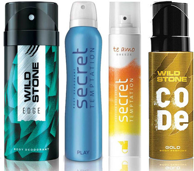 

Wild Stone Edge Deodorant (150 ml), Code Gold Body Perfume(120 ml) and ST Play Deodorant (150 ml), Te Amo Breeze Body Perfume (120 ml), Pack of 4 Perfume Body Spray - For Men & Women(540 ml, Pack of 4)