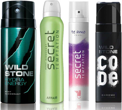 

Wild Stone Hydra Energy Deodorant (150 ml), Code Chrome Body Perfume(120 ml) and ST Affair Deodorant (150 ml), Te Amo Pearl Body Perfume (120 ml), Pack of 4 Perfume Body Spray - For Men & Women(540 ml, Pack of 4)