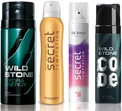 

Wild Stone Hydra Energy Deodorant (150 ml), Code Steel Body Perfume(120 ml) and ST Mystery Deodorant (150 ml), Te Amo Pearl Body Perfume (120 ml), Pack of 4 Perfume Body Spray - For Men & Women(540 ml, Pack of 4)