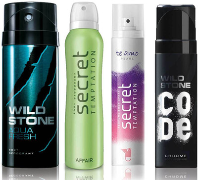 

Wild Stone Aqua Fresh Deodorant (150 ml), Code Chrome Body Perfume(120 ml) and ST Affair Deodorant (150 ml), Te Amo Pearl Body Perfume (120 ml), Pack of 4 Perfume Body Spray - For Men & Women(540 ml, Pack of 4)