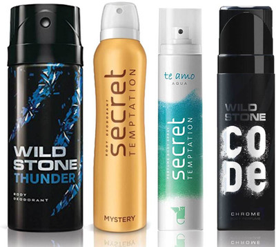 

Wild Stone Thunder Deodorant (150 ml), Code Chrome Body Perfume(120 ml) and ST Mystery Deodorant (150 ml), Te Amo Aqua Body Perfume (120 ml), Pack of 4 Perfume Body Spray - For Men & Women(540 ml, Pack of 4)