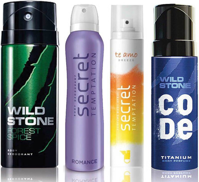 

Wild Stone Forest Spice Deodorant (150 ml), Code Titanium Body Perfume(120 ml) and ST Romance Deodorant (150 ml), Te Amo Breeze Body Perfume (120 ml), Pack of 4 Perfume Body Spray - For Men & Women(540 ml, Pack of 4)