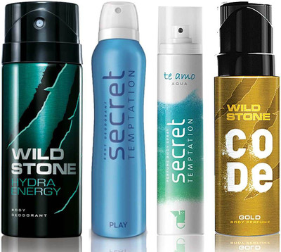 

Wild Stone Hydra Energy Deodorant (150 ml), Code Gold Body Perfume(120 ml) and ST Play Deodorant (150 ml), Te Amo Aqua Body Perfume (120 ml), Pack of 4 Perfume Body Spray - For Men & Women(540 ml, Pack of 4)