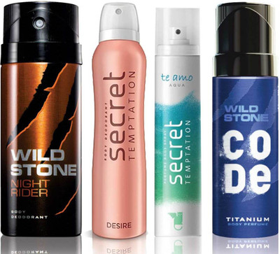 

Wild Stone Night Rider Deodorant (150 ml), Code Titanium Body Perfume(120 ml) and ST Desire Deodorant (150 ml), Te Amo Aqua Body Perfume (120 ml), Pack of 4 Perfume Body Spray - For Men & Women(540 ml, Pack of 4)