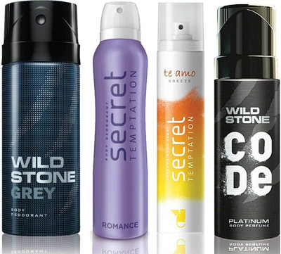 

Wild Stone Grey Deodorant (150 ml), Code Platinum Body Perfume(120 ml) and ST Romance Deodorant (150 ml), Te Amo Breeze Body Perfume (120 ml), Pack of 4 Perfume Body Spray - For Men & Women(540 ml, Pack of 4)