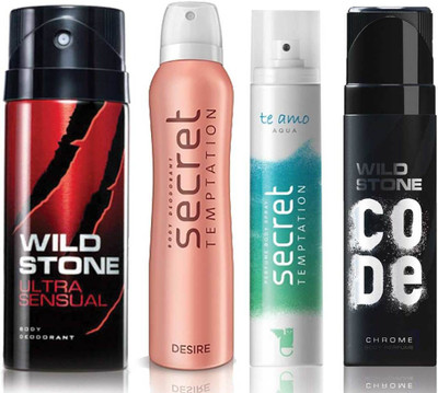 

Wild Stone Ultra Sensual Deodorant (150 ml), Code Chrome Body Perfume(120 ml) and ST Desire Deodorant (150 ml), Te Amo Aqua Body Perfume (120 ml), Pack of 4 Perfume Body Spray - For Men & Women(540 ml, Pack of 4)