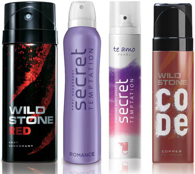 

Wild Stone Red Deodorant (150 ml), Code Copper Perfume(120 ml) and ST Romance Deodorant (150 ml), Te Amo Pearl Body Perfume (120 ml), Pack of 4 Perfume Body Spray - For Men & Women(540 ml, Pack of 4)