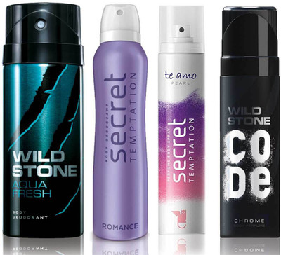 

Wild Stone Aqua Fresh Deodorant (150 ml), Code Chrome Body Perfume(120 ml) and ST Romance Deodorant (150 ml), Te Amo Pearl Body Perfume (120 ml), Pack of 4 Perfume Body Spray - For Men & Women(540 ml, Pack of 4)