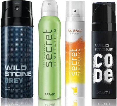 

Wild Stone Grey Deodorant (150 ml), Code Chrome Body Perfume(120 ml) and ST Affair Deodorant (150 ml), Te Amo Breeze Body Perfume (120 ml), Pack of 4 Perfume Body Spray - For Men & Women(540 ml, Pack of 4)