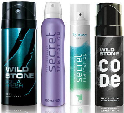 

Wild Stone Aqua Fresh Deodorant (150 ml), Code Platinum Body Perfume(120 ml) and ST Romance Deodorant (150 ml), Te Amo Aqua Body Perfume (120 ml), Pack of 4 Perfume Body Spray - For Men & Women(540 ml, Pack of 4)