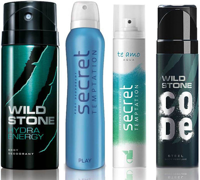 

Wild Stone Hydra Energy Deodorant (150 ml), Code Steel Body Perfume(120 ml) and ST Play Deodorant (150 ml), Te Amo Aqua Body Perfume (120 ml), Pack of 4 Perfume Body Spray - For Men & Women(540 ml, Pack of 4)