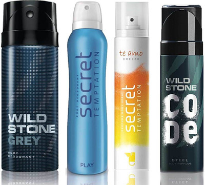 

Wild Stone Grey Deodorant (150 ml), Code Steel Body Perfume(120 ml) and ST Play Deodorant (150 ml), Te Amo Breeze Body Perfume (120 ml), Pack of 4 Perfume Body Spray - For Men & Women(540 ml, Pack of 4)