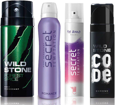 

Wild Stone Forest Spice Deodorant (150 ml), Code Chrome Body Perfume(120 ml) and ST Romance Deodorant (150 ml), Te Amo Pearl Body Perfume (120 ml), Pack of 4 Perfume Body Spray - For Men & Women(540 ml, Pack of 4)