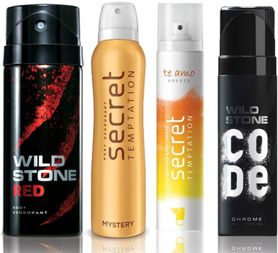 

Wild Stone Red Deodorant (150 ml), Code Chrome Body Perfume(120 ml) and ST Mystery Deodorant (150 ml), Te Amo Breeze Body Perfume (120 ml), Pack of 4 Perfume Body Spray - For Men & Women(540 ml, Pack of 4)