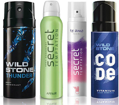 

Wild Stone Thunder Deodorant (150 ml), Code Titanium Body Perfume(120 ml) and ST Affair Deodorant (150 ml), Te Amo Pearl Body Perfume (120 ml), Pack of 4 Perfume Body Spray - For Men & Women(540 ml, Pack of 4)
