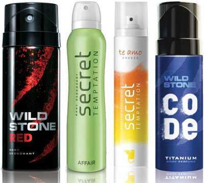 

Wild Stone Red Deodorant (150 ml), Code Titanium Body Perfume(120 ml) and ST Affair Deodorant (150 ml), Te Amo Breeze Body Perfume (120 ml), Pack of 4 Perfume Body Spray - For Men & Women(540 ml, Pack of 4)