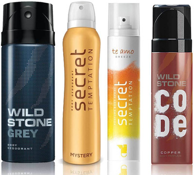 

Wild Stone Grey Deodorant (150 ml), Code Copper Perfume(120 ml) and ST Mystery Deodorant (150 ml), Te Amo Breeze Body Perfume (120 ml), Pack of 4 Perfume Body Spray - For Men & Women(540 ml, Pack of 4)