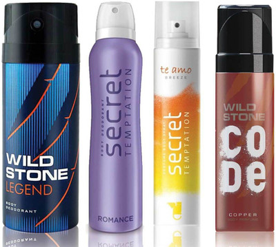 

Wild Stone Legend Deodorant (150 ml), Code Copper Perfume(120 ml) and ST Romance Deodorant (150 ml), Te Amo Breeze Body Perfume (120 ml), Pack of 4 Perfume Body Spray - For Men & Women(540 ml, Pack of 4)