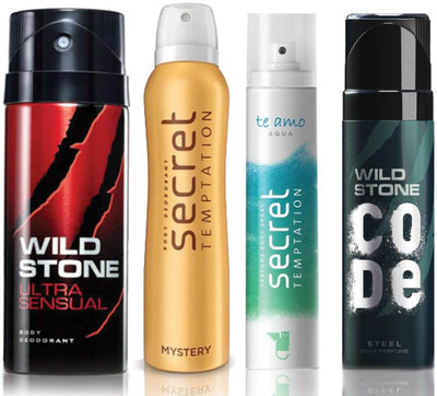 

Wild Stone Ultra Sensual Deodorant (150 ml), Code Steel Body Perfume(120 ml) and ST Mystery Deodorant (150 ml), Te Amo Aqua Body Perfume (120 ml), Pack of 4 Perfume Body Spray - For Men & Women(540 ml, Pack of 4)