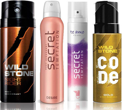 

Wild Stone Night Rider Deodorant (150 ml), Code Gold Body Perfume(120 ml) and ST Desire Deodorant (150 ml), Te Amo Pearl Body Perfume (120 ml), Pack of 4 Perfume Body Spray - For Men & Women(540 ml, Pack of 4)