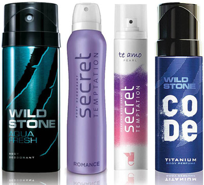 

Wild Stone Aqua Fresh Deodorant (150 ml), Code Titanium Body Perfume(120 ml) and ST Romance Deodorant (150 ml), Te Amo Pearl Body Perfume (120 ml), Pack of 4 Perfume Body Spray - For Men & Women(540 ml, Pack of 4)