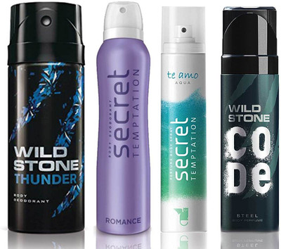 

Wild Stone Thunder Deodorant (150 ml), Code Steel Body Perfume(120 ml) and ST Romance Deodorant (150 ml), Te Amo Aqua Body Perfume (120 ml), Pack of 4 Perfume Body Spray - For Men & Women(540 ml, Pack of 4)