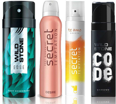 

Wild Stone Edge Deodorant (150 ml), Code Chrome Body Perfume(120 ml) and ST Desire Deodorant (150 ml), Te Amo Breeze Body Perfume (120 ml), Pack of 4 Perfume Body Spray - For Men & Women(540 ml, Pack of 4)
