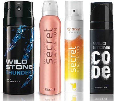 

Wild Stone Thunder Deodorant (150 ml), Code Chrome Body Perfume(120 ml) and ST Desire Deodorant (150 ml), Te Amo Breeze Body Perfume (120 ml), Pack of 4 Perfume Body Spray - For Men & Women(540 ml, Pack of 4)