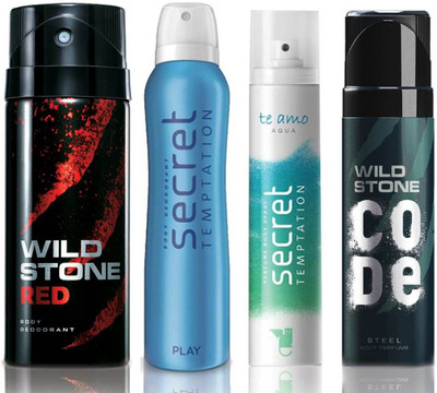 

Wild Stone Red Deodorant (150 ml), Code Steel Body Perfume(120 ml) and ST Play Deodorant (150 ml), Te Amo Aqua Body Perfume (120 ml), Pack of 4 Perfume Body Spray - For Men & Women(540 ml, Pack of 4)