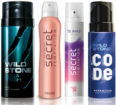 

Wild Stone Aqua Fresh Deodorant (150 ml), Code Titanium Body Perfume(120 ml) and ST Desire Deodorant (150 ml), Te Amo Pearl Body Perfume (120 ml), Pack of 4 Perfume Body Spray - For Men & Women(540 ml, Pack of 4)