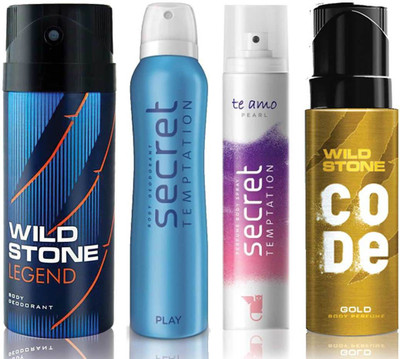 

Wild Stone Legend Deodorant (150 ml), Code Gold Body Perfume(120 ml) and ST Play Deodorant (150 ml), Te Amo Pearl Body Perfume (120 ml), Pack of 4 Perfume Body Spray - For Men & Women(540 ml, Pack of 4)