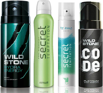 

Wild Stone Hydra Energy Deodorant (150 ml), Code Platinum Body Perfume(120 ml) and ST Affair Deodorant (150 ml), Te Amo Aqua Body Perfume (120 ml), Pack of 4 Perfume Body Spray - For Men & Women(540 ml, Pack of 4)