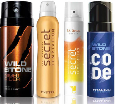 

Wild Stone Night Rider Deodorant (150 ml), Code Titanium Body Perfume(120 ml) and ST Mystery Deodorant (150 ml), Te Amo Breeze Body Perfume (120 ml), Pack of 4 Perfume Body Spray - For Men & Women(540 ml, Pack of 4)
