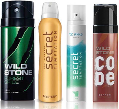 

Wild Stone Forest Spice Deodorant (150 ml), Code Copper Perfume(120 ml) and ST Mystery Deodorant (150 ml), Te Amo Aqua Body Perfume (120 ml), Pack of 4 Perfume Body Spray - For Men & Women(540 ml, Pack of 4)