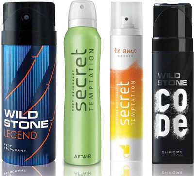 

Wild Stone Legend Deodorant (150 ml), Code Chrome Body Perfume(120 ml) and ST Affair Deodorant (150 ml), Te Amo Breeze Body Perfume (120 ml), Pack of 4 Perfume Body Spray - For Men & Women(540 ml, Pack of 4)