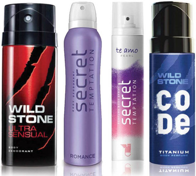 

Wild Stone Ultra Sensual Deodorant (150 ml), Code Titanium Body Perfume(120 ml) and ST Romance Deodorant (150 ml), Te Amo Pearl Body Perfume (120 ml), Pack of 4 Perfume Body Spray - For Men & Women(540 ml, Pack of 4)