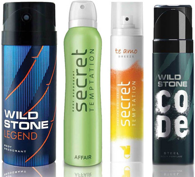 

Wild Stone Legend Deodorant (150 ml), Code Steel Body Perfume(120 ml) and ST Affair Deodorant (150 ml), Te Amo Breeze Body Perfume (120 ml), Pack of 4 Perfume Body Spray - For Men & Women(540 ml, Pack of 4)