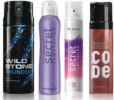 

Wild Stone Thunder Deodorant (150 ml), Code Copper Perfume(120 ml) and ST Romance Deodorant (150 ml), Te Amo Pearl Body Perfume (120 ml), Pack of 4 Perfume Body Spray - For Men & Women(540 ml, Pack of 4)