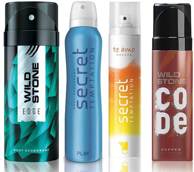 

Wild Stone Edge Deodorant (150 ml), Code Copper Perfume(120 ml) and ST Play Deodorant (150 ml), Te Amo Breeze Body Perfume (120 ml), Pack of 4 Perfume Body Spray - For Men & Women(540 ml, Pack of 4)