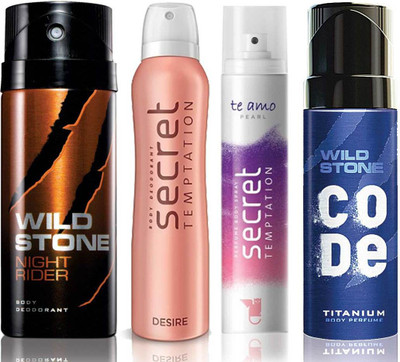 

Wild Stone Night Rider Deodorant (150 ml), Code Titanium Body Perfume(120 ml) and ST Desire Deodorant (150 ml), Te Amo Pearl Body Perfume (120 ml), Pack of 4 Perfume Body Spray - For Men & Women(540 ml, Pack of 4)