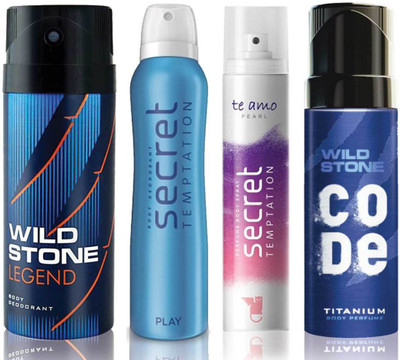 

Wild Stone Legend Deodorant (150 ml), Code Titanium Body Perfume(120 ml) and ST Play Deodorant (150 ml), Te Amo Pearl Body Perfume (120 ml), Pack of 4 Perfume Body Spray - For Men & Women(540 ml, Pack of 4)