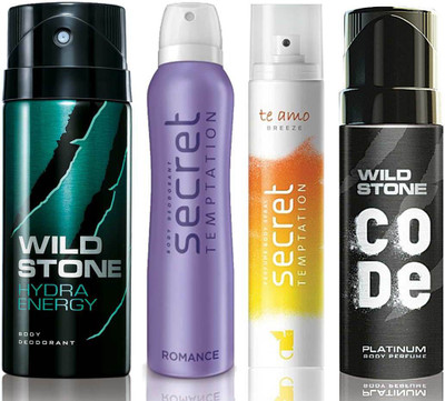 

Wild Stone Hydra Energy Deodorant (150 ml), Code Platinum Body Perfume(120 ml) and ST Romance Deodorant (150 ml), Te Amo Breeze Body Perfume (120 ml), Pack of 4 Perfume Body Spray - For Men & Women(540 ml, Pack of 4)