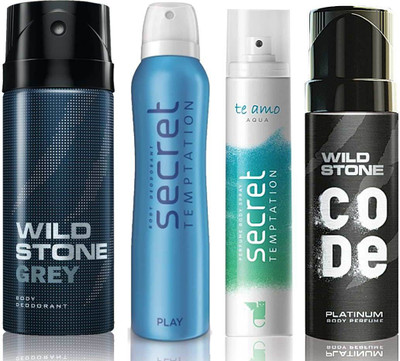 

Wild Stone Grey Deodorant (150 ml), Code Platinum Body Perfume(120 ml) and ST Play Deodorant (150 ml), Te Amo Aqua Body Perfume (120 ml), Pack of 4 Perfume Body Spray - For Men & Women(540 ml, Pack of 4)