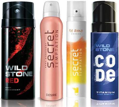 

Wild Stone Red Deodorant (150 ml), Code Titanium Body Perfume(120 ml) and ST Desire Deodorant (150 ml), Te Amo Breeze Body Perfume (120 ml), Pack of 4 Perfume Body Spray - For Men & Women(540 ml, Pack of 4)