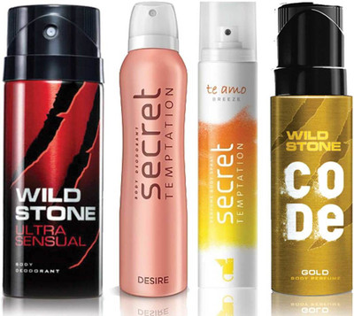 

Wild Stone Ultra Sensual Deodorant (150 ml), Code Gold Body Perfume(120 ml) and ST Desire Deodorant (150 ml), Te Amo Breeze Body Perfume (120 ml), Pack of 4 Perfume Body Spray - For Men & Women(540 ml, Pack of 4)